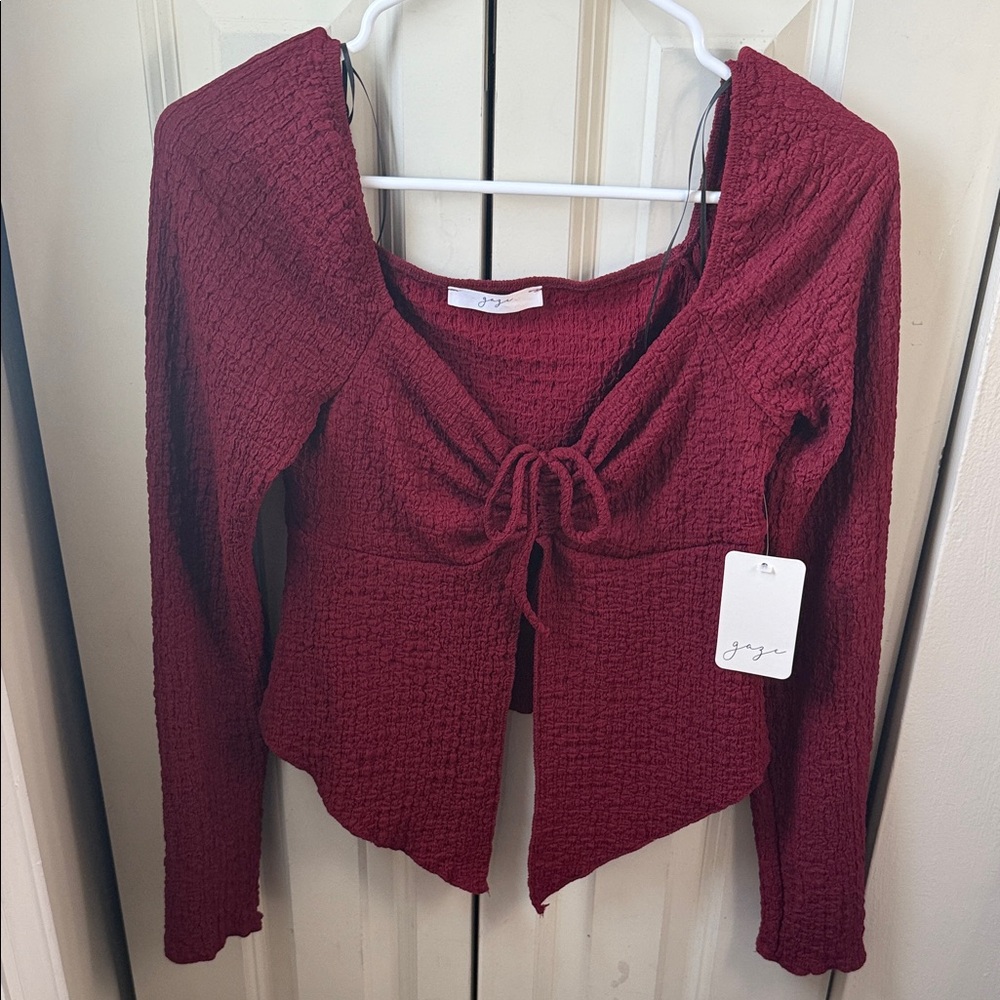 gaze Wine Red Textured Tie-Front Long Sleeve Top